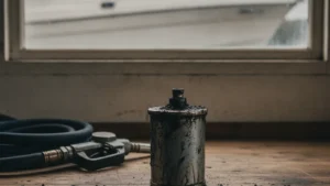 Dieselfilter med sort slam fra dieselpest på et værkstedsbord i et bådværft